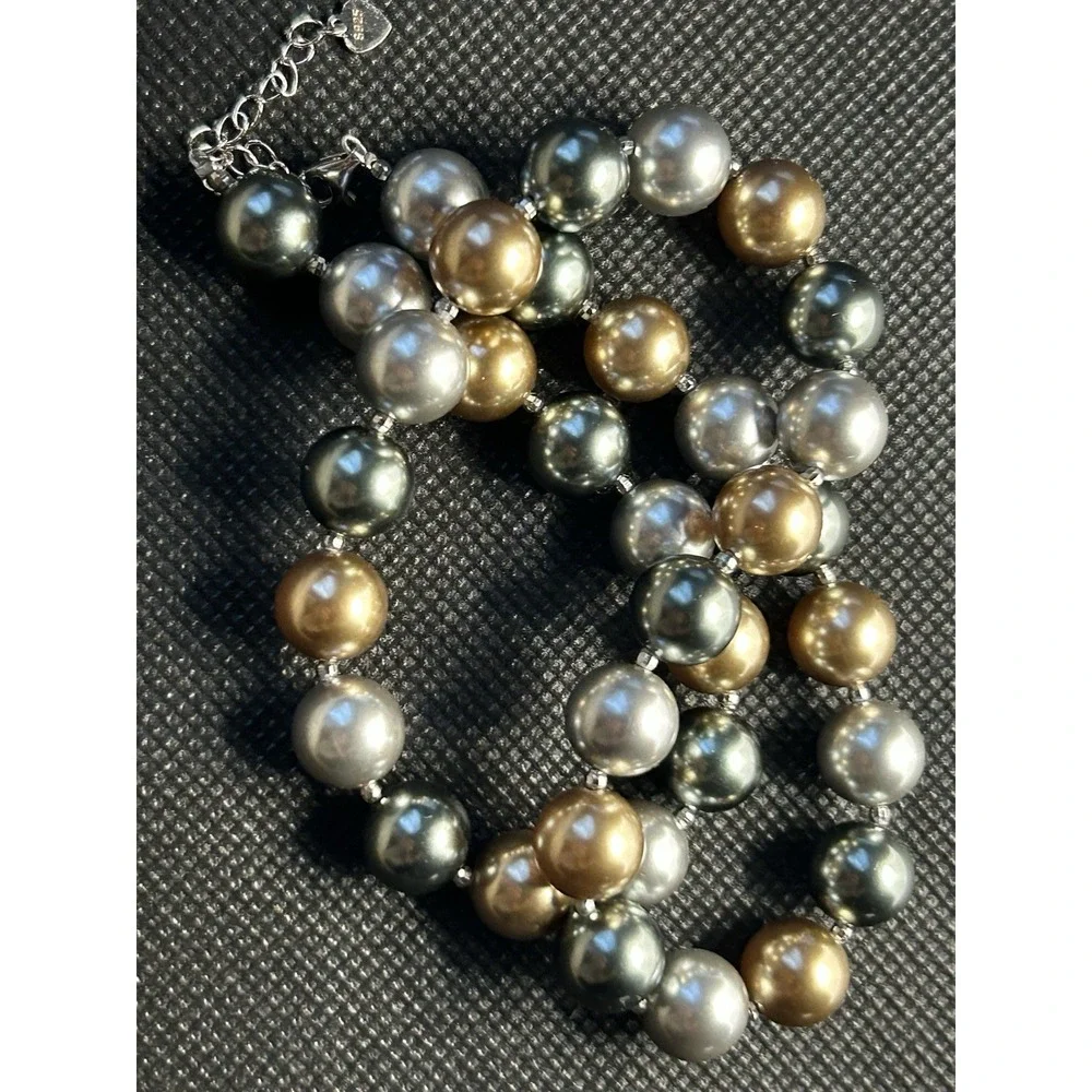 Metallic Faux Pearl Statement Necklace Silver S925‎ Extender Gray Silver brown